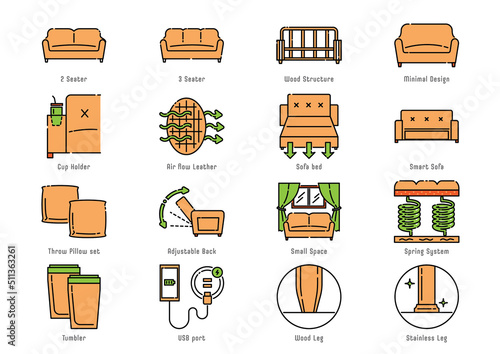 functional sofa icon set