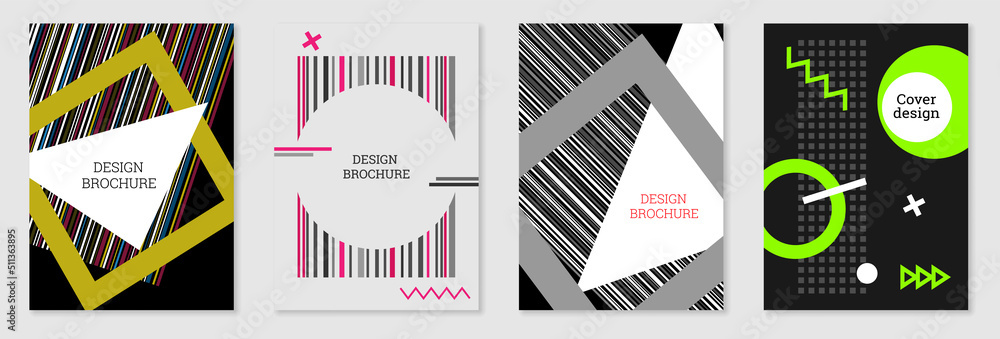 Set of cover design in Memphis style. Geometric design, abstract background. Fashionable bright cover, banner, poster, booklet. Creative colors. Set of cover design in Memphis style. Geometric design, abstract background. Fashionable bright cover, banner, poster, booklet. Creative colors.