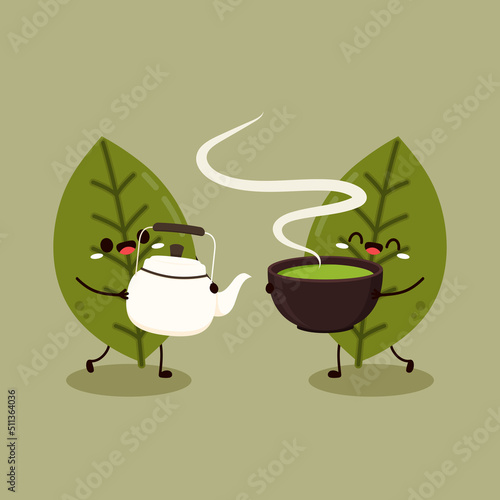 Tea leaves character. tea leaves on Green background. wallpaper. Matcha character design.
