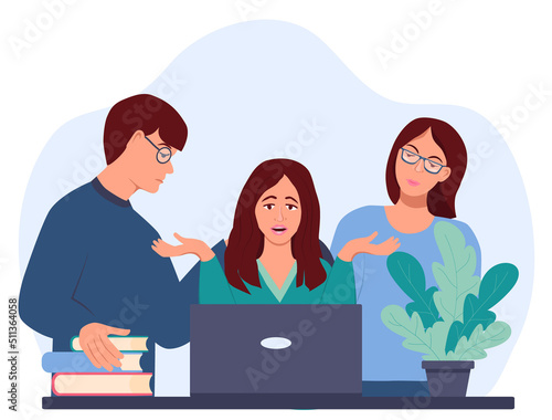 Sad girl sits in front of a laptop and spreads her arms. Upset young woman. Behind her are friends or colleagues. Vector illustration in flat style