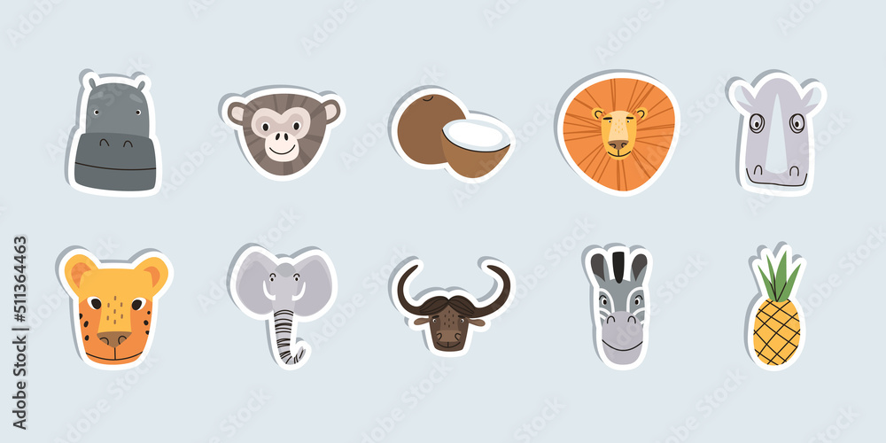 Stickers with heads of wild animals. Lion, elephant, rhinoceros and monkey. African muzzles. Flat illustration. Eps10 Stickers with heads of wild animals. Lion, elephant, rhinoceros and monkey. African muzzles. Flat illustration. Eps10