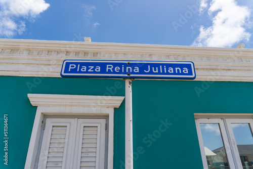 Street sign for Plaza Reina Juliana in Kralendijk, Bonaire, Caribbean Netherlands. Juliana of the Netherlands was Queen of the Netherlands in the mid 1900s. photo