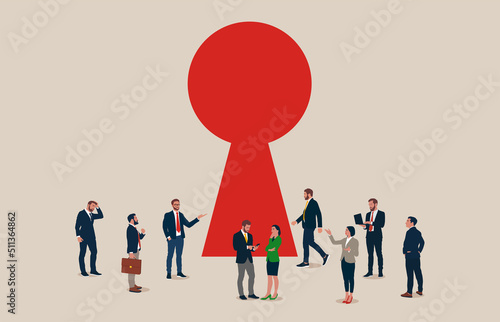 Group people walking into a gate shaped like a keyhole. Vector illustration concept.