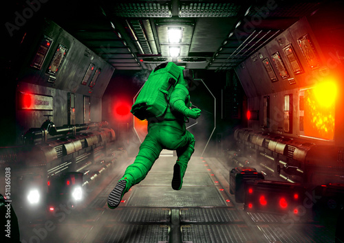 astronaut is floating on the corridor in sci-fi spaceship background © DM7