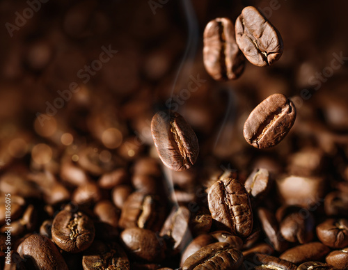 Print op canvas Brown Roasted Coffee beans closeup on dark Background