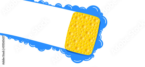Yellow sponge wiping glass. window cleaning glass service. Windows cleanings tool icon or logo. Cartoon washes vector. Washing, clean or cleanup tools. Cleanliness concept, surface, soap bubbles.