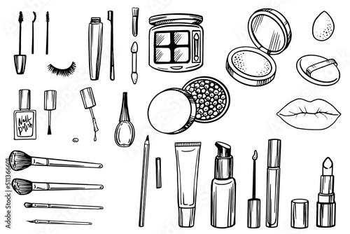 Collection of luxury makeup products. Vector decorative cosmetics illustration isolated on white for fashion poster,  flyer, web design.