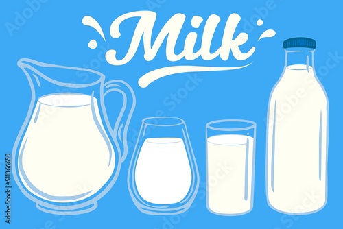 Collection of milk and dairy products set. Natural farm milk in the glass jar. Hand drawn color vector illustration on blue background.