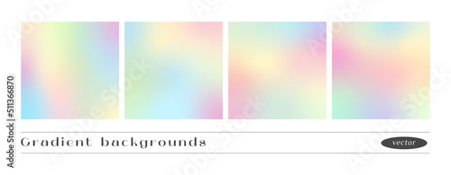 Holographic gradient square backgrounds set. Pastel rainbow vector  backdrop.