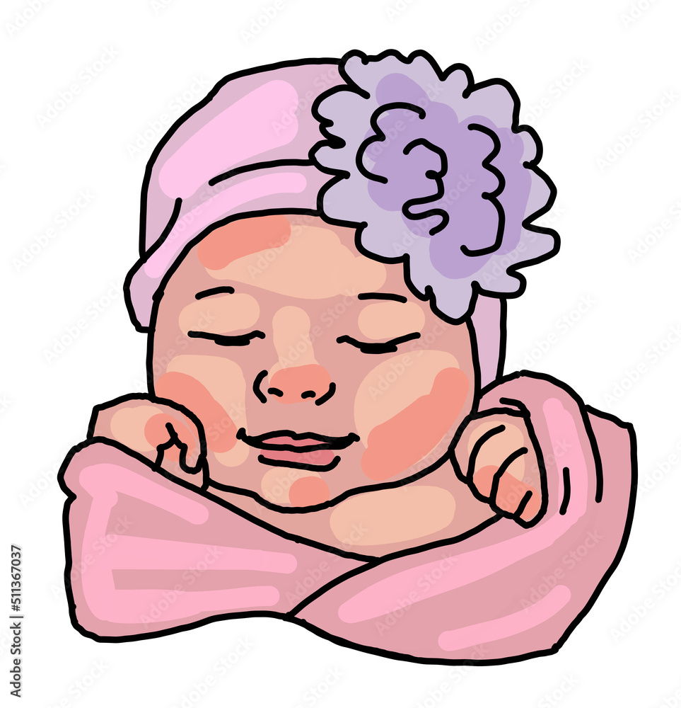 Fototapeta premium New born sweet baby face emotions. Little girl with big flower on the head sleeping and smiling with flower and heart. Hand drawn character illustration. Retro comic cartoon line style drawing.
