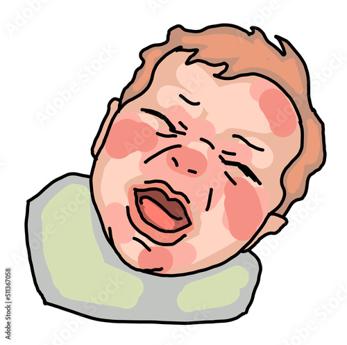 New born sweet baby face emotions. Little child crying with open mouth. Hand drawn character illustration. Retro vintage comic cartoon line style drawing.