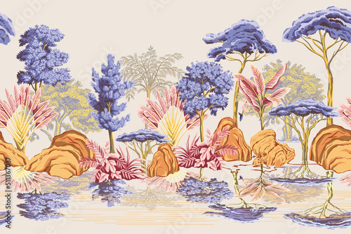 Tropical vintage landscape, reflection, rock, trees, palms, bush floral seamless border. Jungle botanical mural.