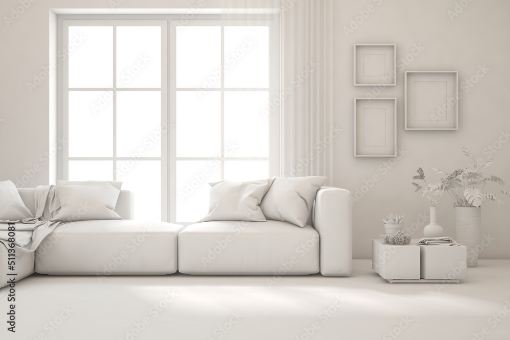 Mock up of stylish room in white color with sofa. Scandinavian interior design. 3D illustration Mock up of stylish room in white color with sofa. Scandinavian interior design. 3D illustration