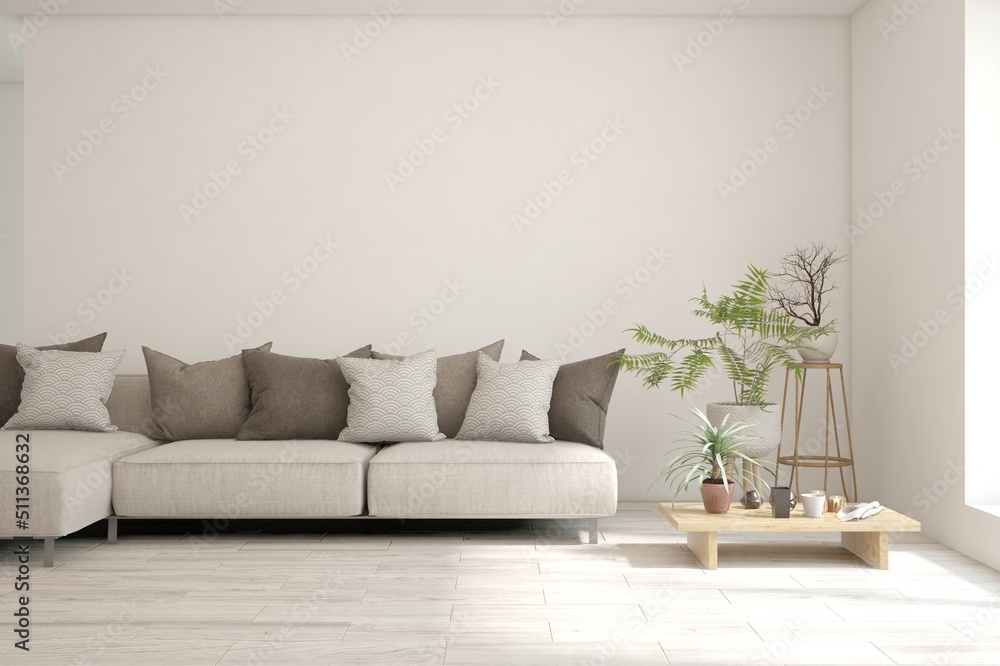 White living room with sofa. Scandinavian interior design. 3D illustration White living room with sofa. Scandinavian interior design. 3D illustration