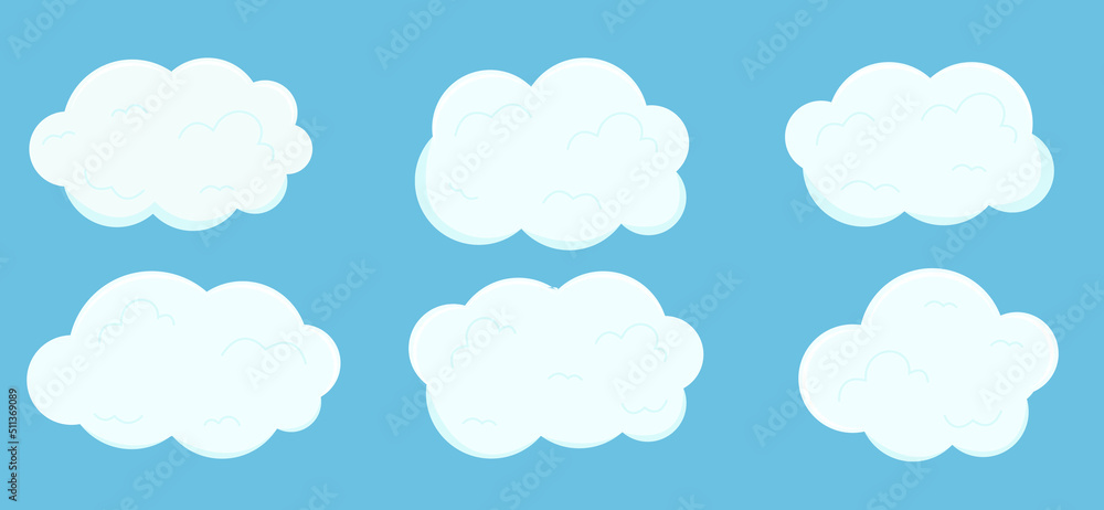 White cloud vector set on blue sky background. Template sticker of different shape fun air bubbles.