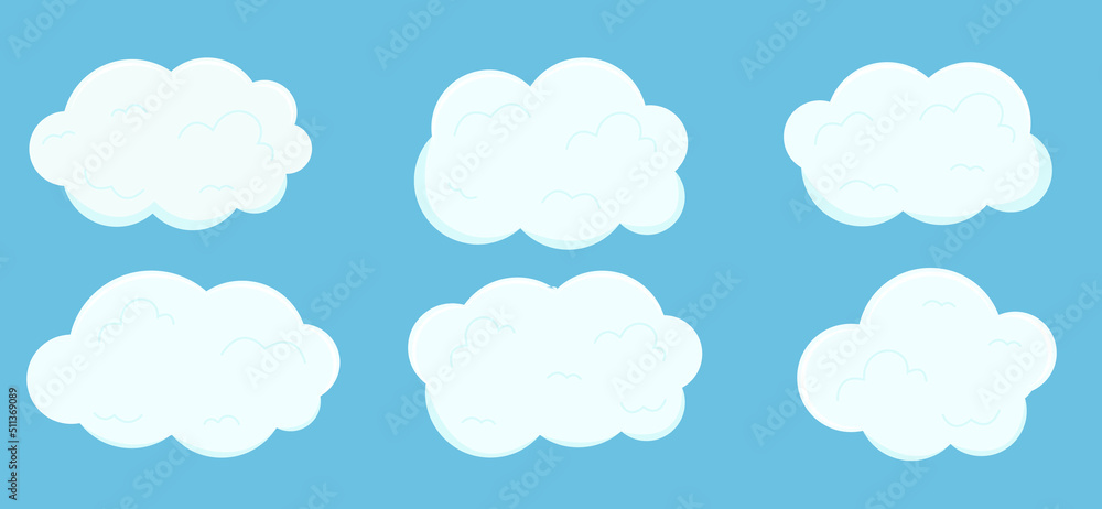 White cloud vector set on blue sky background. Template sticker of different shape fun air bubbles. White cloud vector set on blue sky background. Template sticker of different shape fun air bubbles.