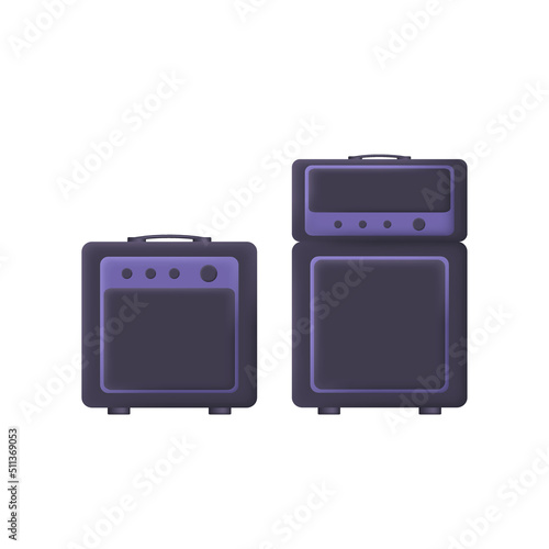 Purple 3d set of guitar amplifiers isolated on white background. Vector illustration