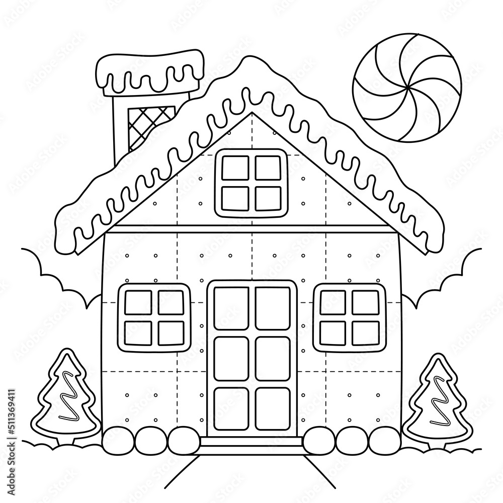 Christmas Gingerbread House Coloring Page for Kids Stock Vector | Adobe