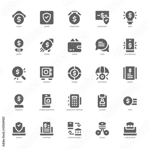Fintech icon pack for your website design, logo, app, UI. Fintech icon glyph design. Vector graphics illustration and editable stroke.