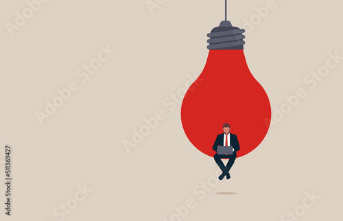 Content creation, creative person. Businessman sitting in light bulb with laptop. Symbol of creativity, writing, blogging, copywriting. Vector illustration concept.