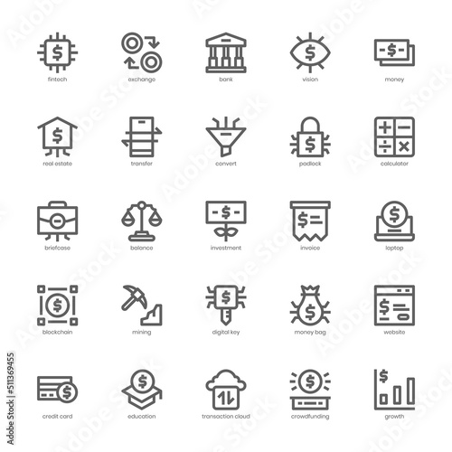 Fintech icon pack for your website design, logo, app, UI. Fintech icon outline design. Vector graphics illustration and editable stroke.