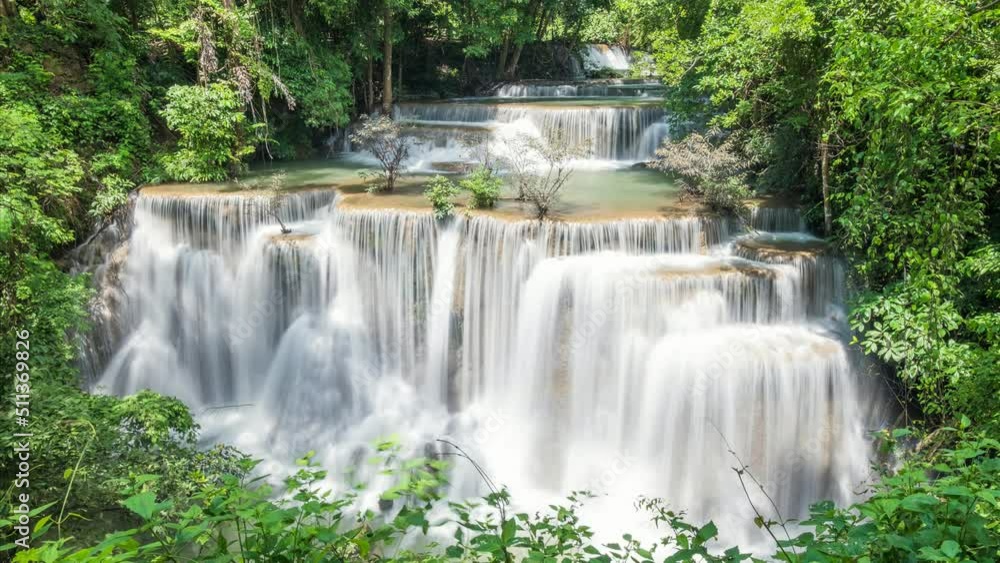 Time lapse of beautiful 4th floor Huay Mae Khamin waterfall flowing in tropical rainforest at national park