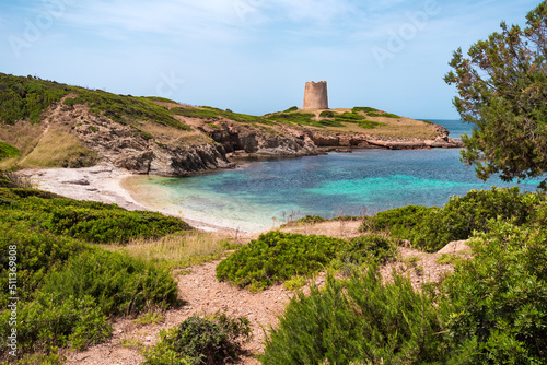 Fototapeta Naklejka Na Ścianę i Meble -  Sardegna, spiaggia e antica torre costiera di Piscinnì, vicino a Teulada, Italia, Europa 