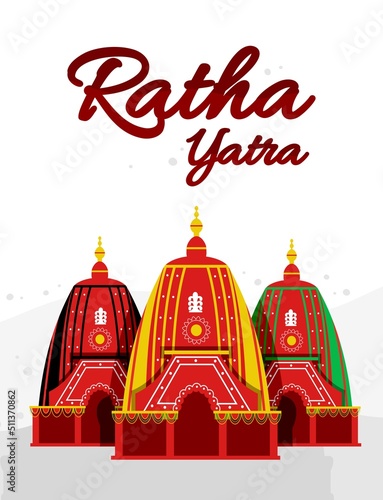 Ratha yatra festival A chariot with wooden deities of Jagannath, Baladeva and Subhadra. Holiday banner greeting card Vector illustration