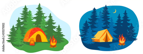 Tourist camping with tent, campfire  and forest.