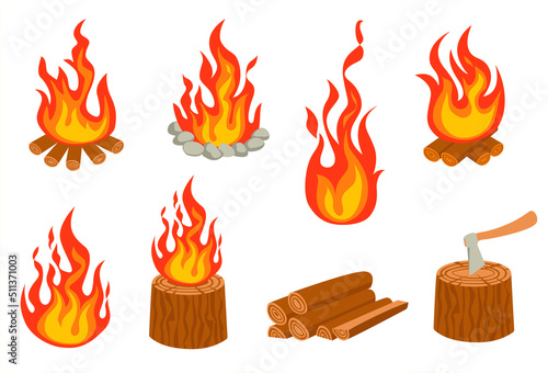 Tourist bonfire. Fire burning wooden logs. Firewood flames, bonfire flame vector