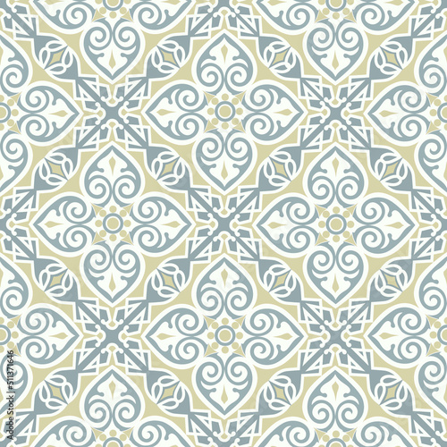 Abstract seamless pattern. Arabic line ornament with geometric shapes. Linear floral ornamental texture. Artistic backdrop in arab orient textile style.