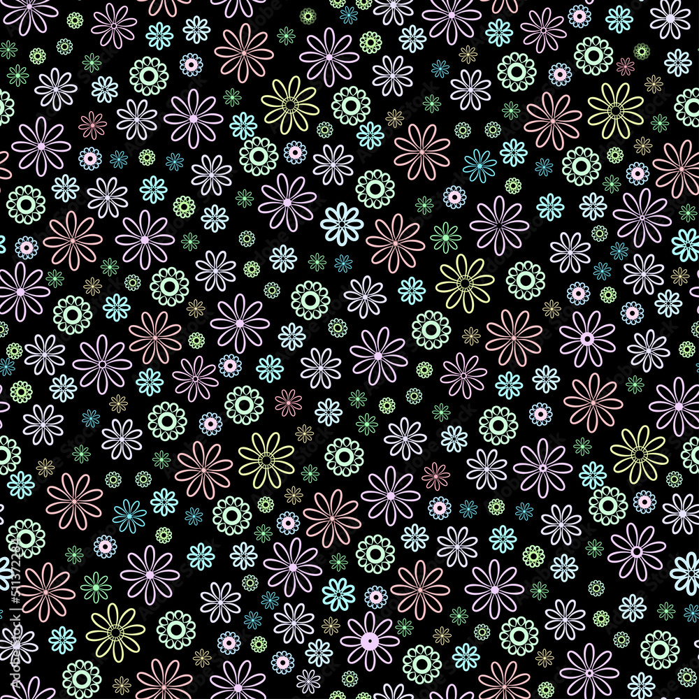 Vector seamless floral pattern for textile design on a black background multicolored small flowers.