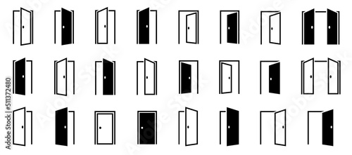 Door icons set. Opened and closed door symbols collection. Vector