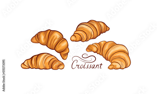 Croissant french food icon set. Bakery food hand drawing line art over white background. Cake for breakfast banner