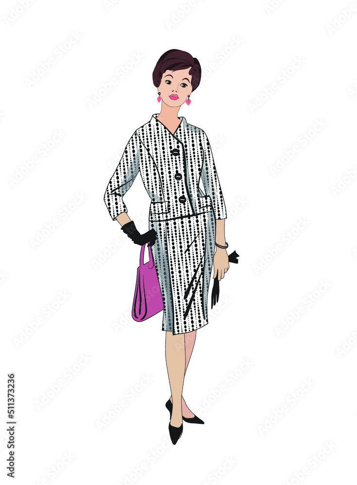 Stylish fashion dressed woman 1960's style: Vintage fashion silhouettes from 60s. Elegant business-woman. Office fashion dress style
