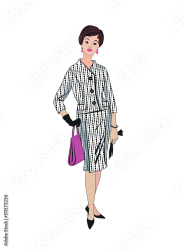 Stylish fashion dressed woman 1960's style: Vintage fashion silhouettes from 60s. Elegant business-woman. Office fashion dress style
