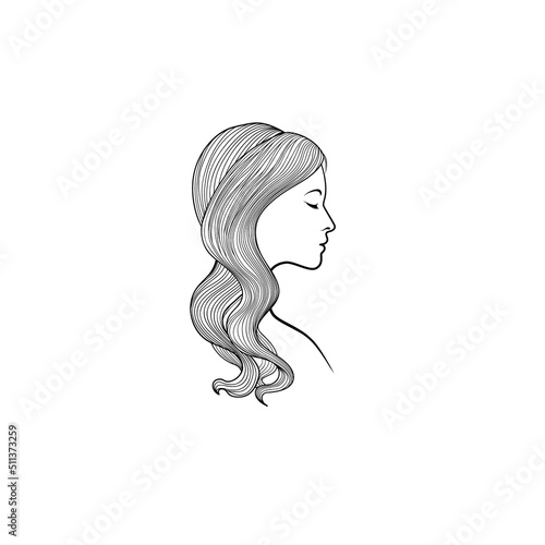 Woman with beautiful hair. Female Hairstyle portrait. Beauty salon banner.  Female profile silhouette with long curly hair over white background.