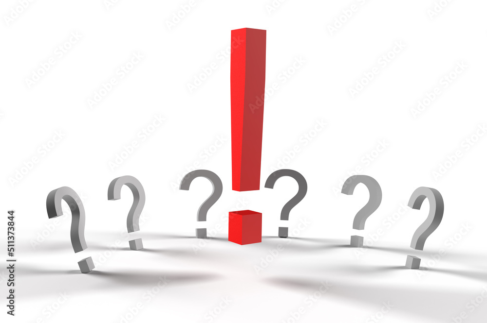 Red exclamation mark in front of a lot of question marks. Red exclamation mark in front of a lot of question marks.