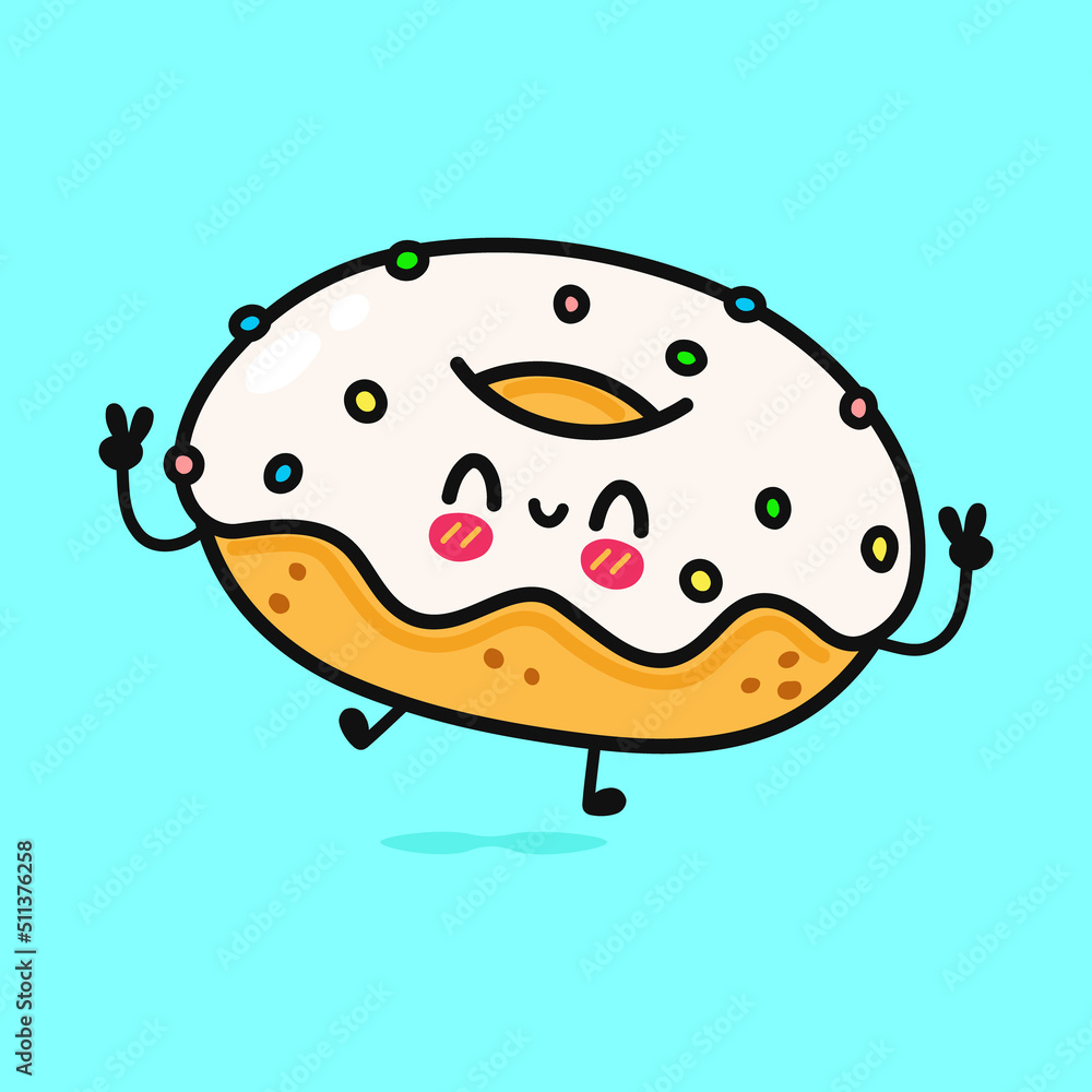 Cute funny jumping Donut. Vector hand drawn cartoon kawaii character illustration icon. Isolated on white background. Donut concept Cute funny jumping Donut. Vector hand drawn cartoon kawaii character illustration icon. Isolated on white background. Donut concept