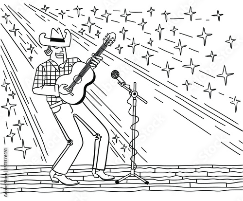 Country music stars background. Man wearing in cowboy outfit guitar player vector line illustration isolated on white.