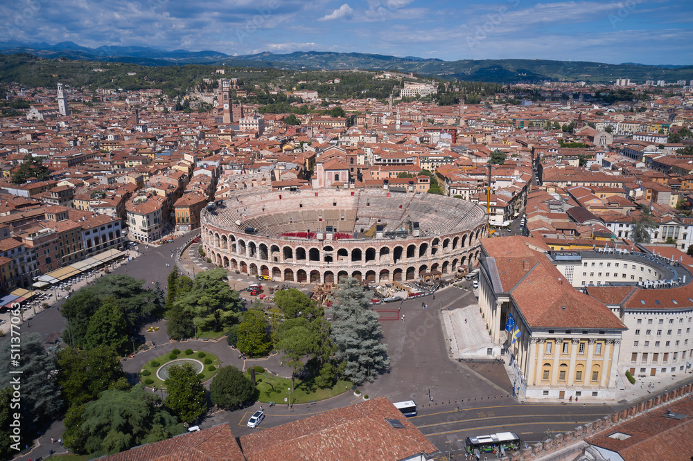 Obraz premium Historic part of the city of Verona, Italy. Aerial view of the Arena di Verona in Italy.