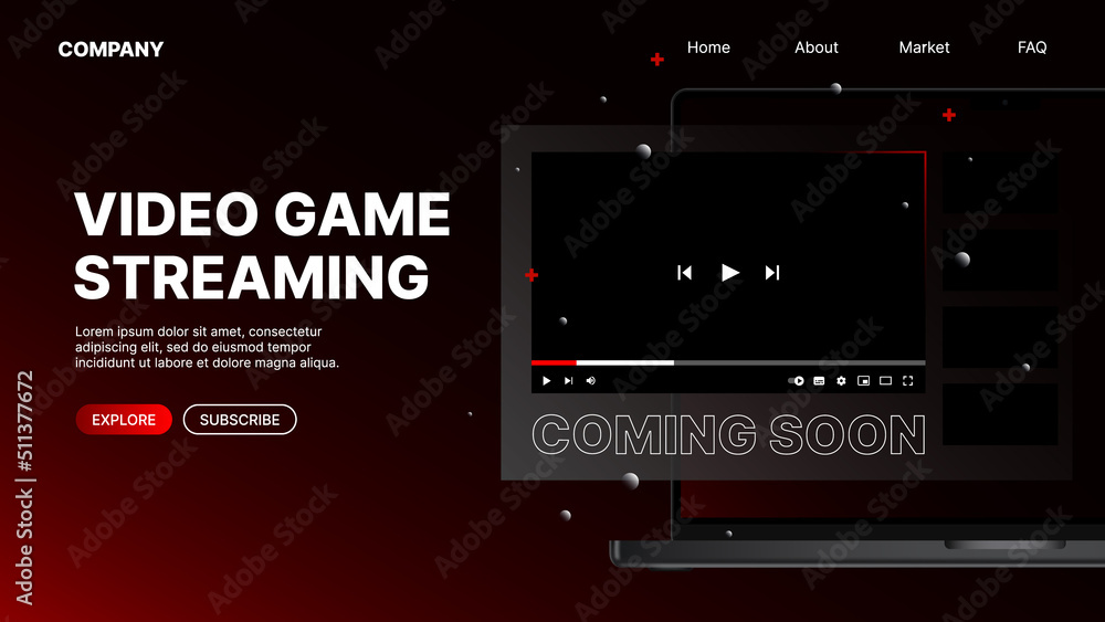 Video Game Streaming Service Landing Page. Red Dark Website Template. Vector illustration