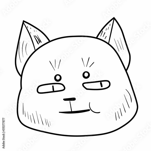 Doodle displeased cat emotion head.Emoji icon. Cute fun kid vector illustration. Black line art animal on white background.