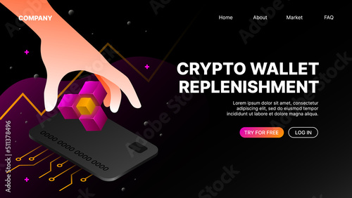 Cryptocurrency wallet replenishment service. Landing Website Page Template. Vector illustration