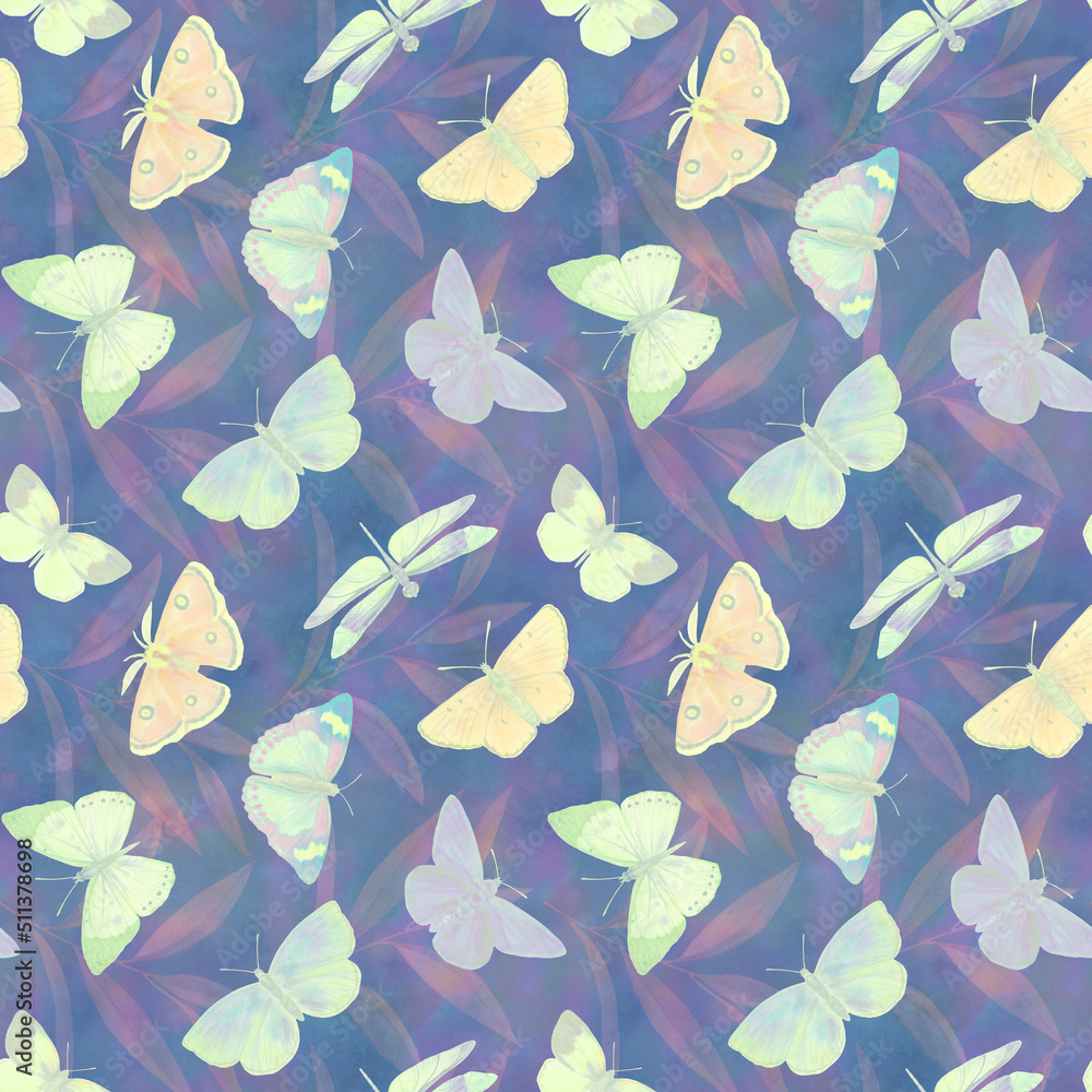 Fototapeta premium Seamless pattern Watercolor butterflies on a bright background. Botanical background of butterflies for design, wallpapers, wrapping paper, textiles.