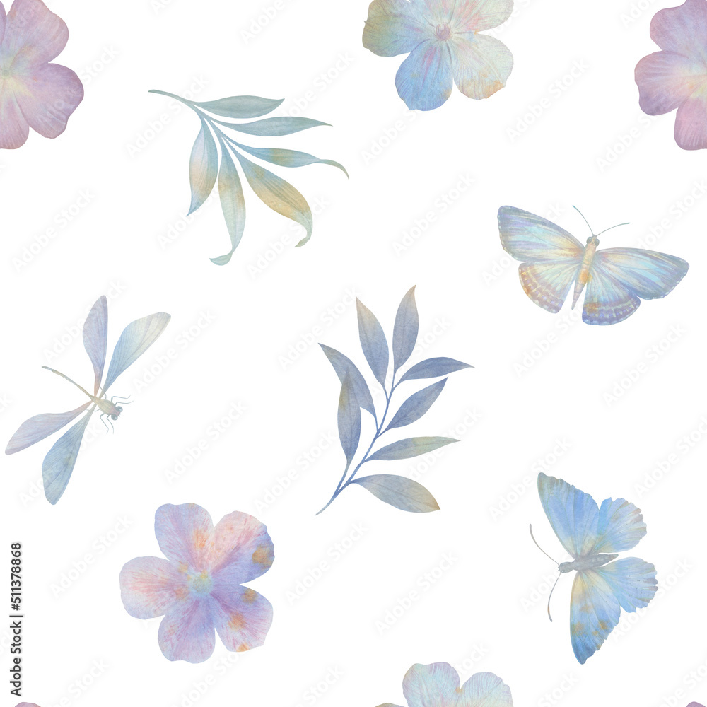 Seamless pattern painted in watercolor in digital processing. Abstract background of butterflies, dragonflies and leaves.