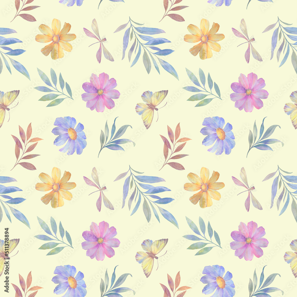 custom made wallpaper toronto digitalSeamless background of flowers, butterflies, leaves, painted in watercolor, processed in a digital program.