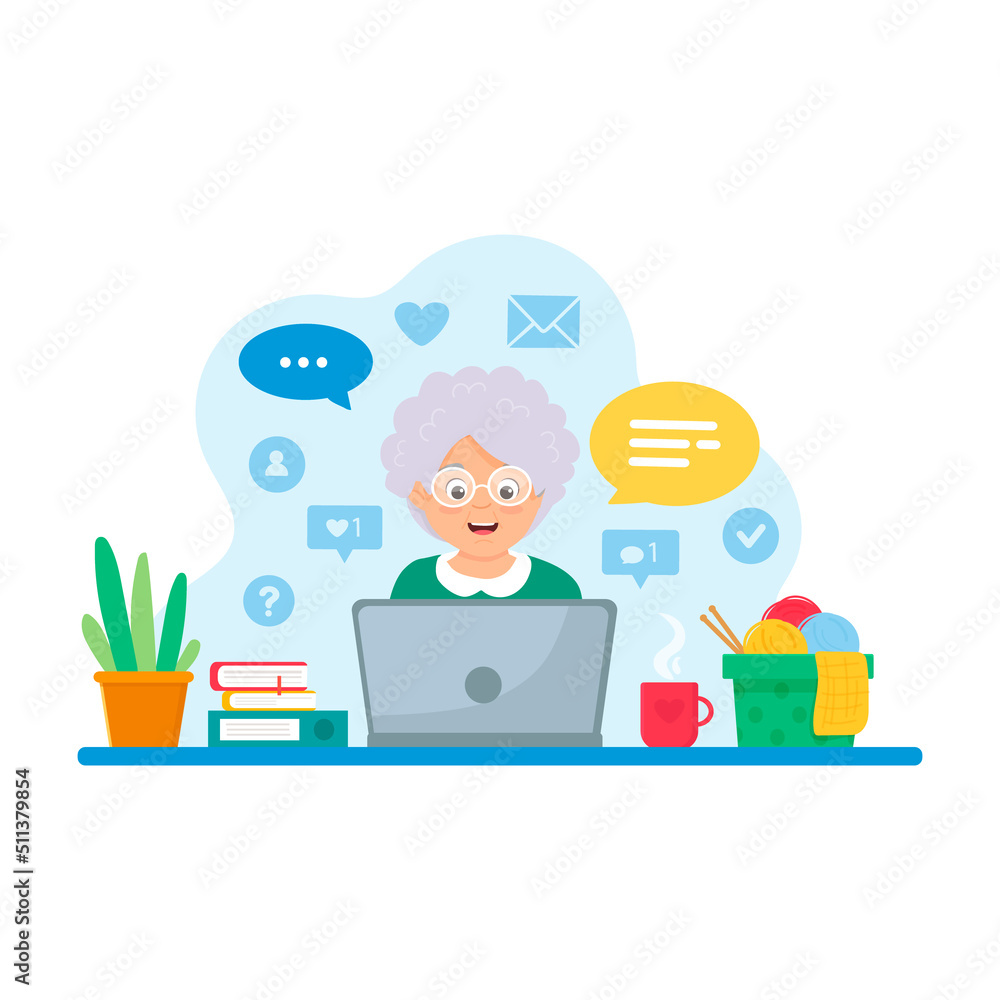 Old woman working on computer at home.Grandma with laptop.Online education, modern technologies. Old age concept. Vector illustration. Old woman working on computer at home.Grandma with laptop.Online education, modern technologies. Old age concept. Vector illustration.