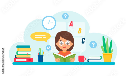 Cute little kid girl doing homework read book.Girl study with smile.Back to school concept.Vector illustration