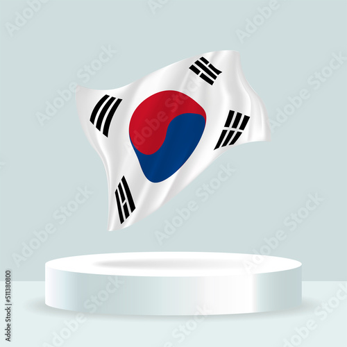 South Korea flag. 3d rendering of the flag displayed on the stand. Waving flag in modern pastel colors. Flag drawing, shading and color on separate layers, neatly in groups for easy editing.